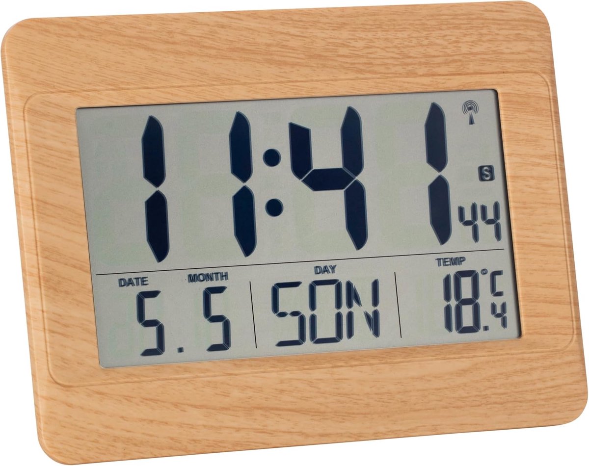 SnelShoppen - Digitale Wandklok - Radiogestuurd - Temperatuurweergave - Weekdag - Datum - Tijdzone - Houtlook - 215x160x26 mm