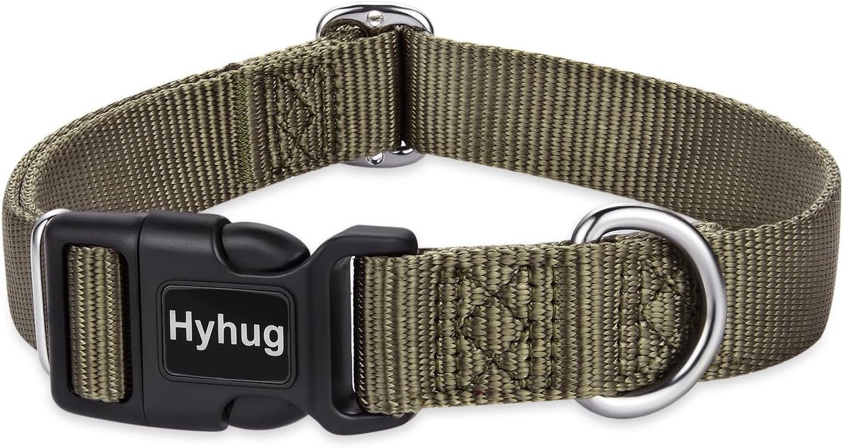 SnelShoppen - Hyhug Design Klassieke Basis Nylon Hondenhalsband - Klein, Militair Groen - Met ID Tag Bevestiging, Eco-vriendelijk, Wasbaar