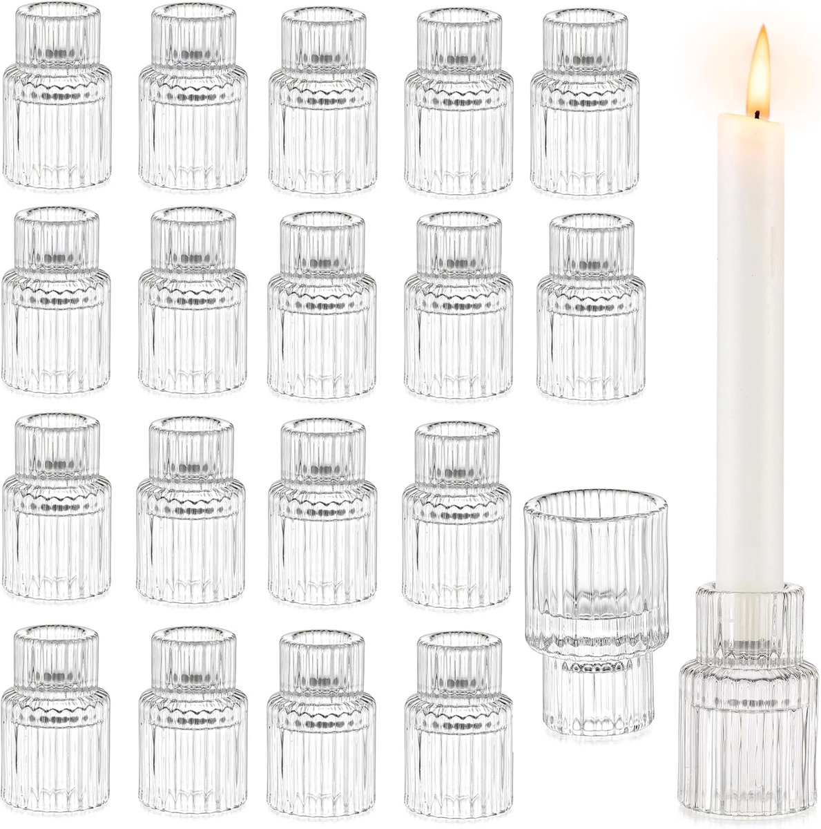 SnelShoppen - Glazen Kaarsenstandaards Set van 20 - Ribbel Design - Helder Kristal - Voor Taper Kaarsen - Vintage Styling voor Feest, Bruiloft, Diner