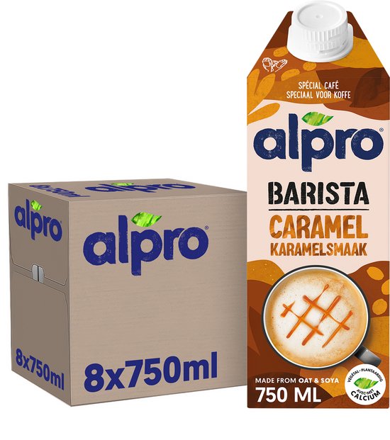 Doos Alpro Barista Caramel karamelsmaak. 8 x 750ml. Speciaal café, speciaal voor koffie.
