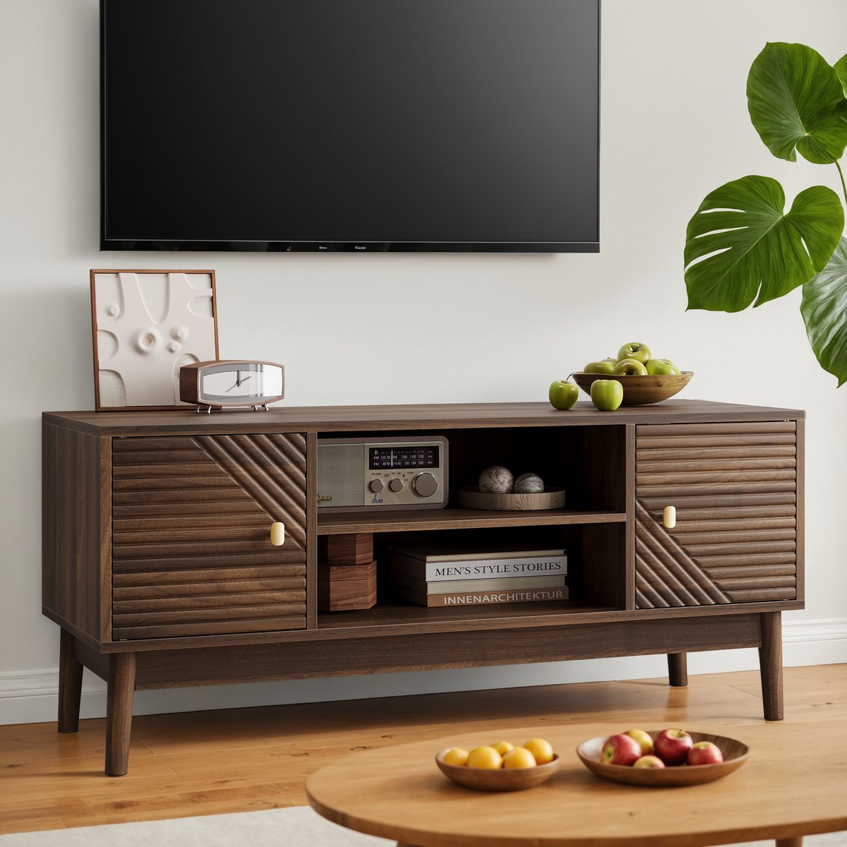 Pugsdrly TV-meubel van 110 cm, Mid-Century Modern TV-meubel voor 32/45 inch-televisies, entertainmentmeubel met opbergruimte, mediameubel voor de woonkamer en slaapkamer, walnoot