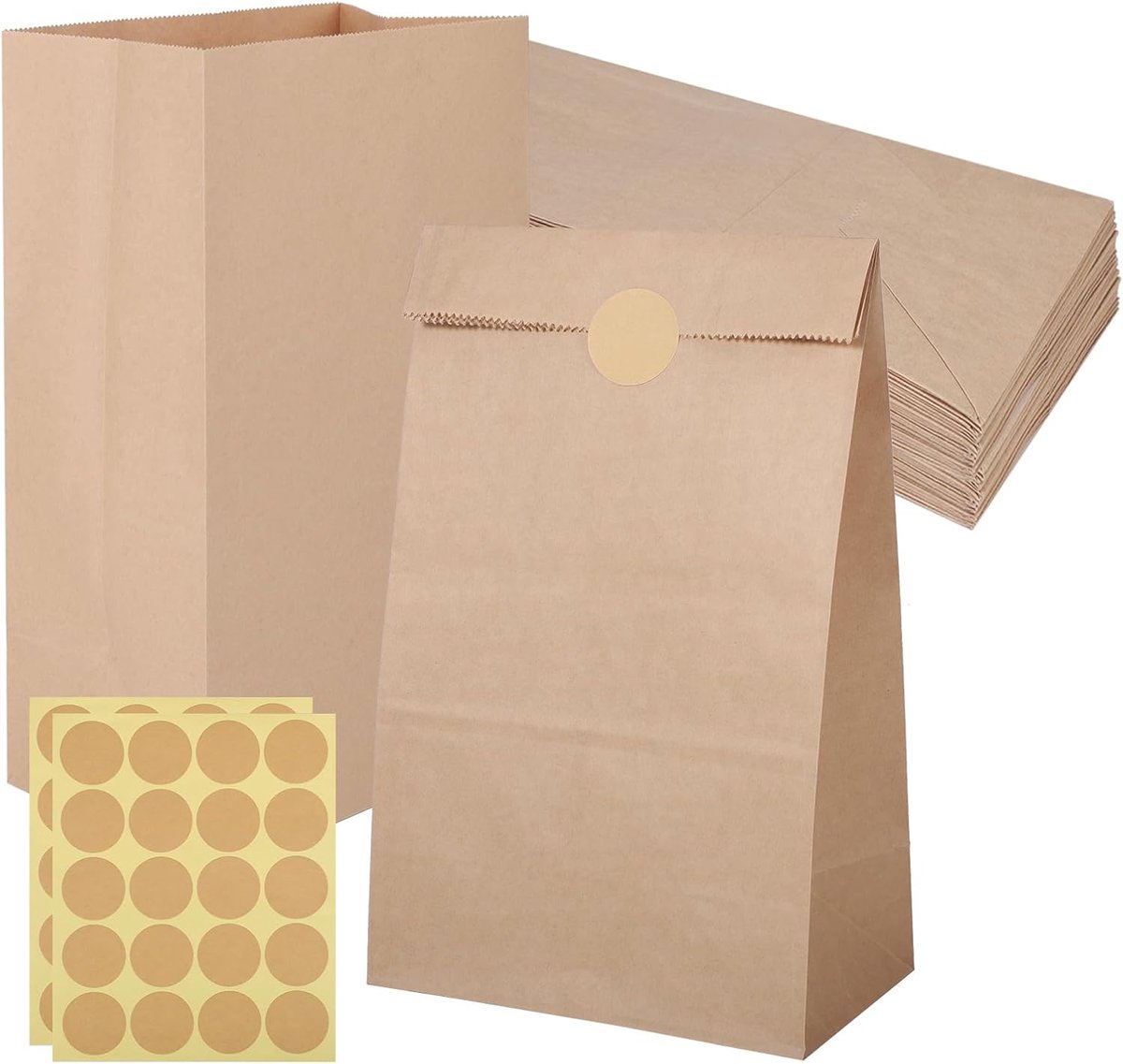 SnelShoppen - Pack van 20 Grote Cadeautassen, 28 x 15 x 9 cm, Kraft Papieren Tassen met 20 Stickers voor Feest, Verjaardag, Bruiloft, Pasen, Halloween