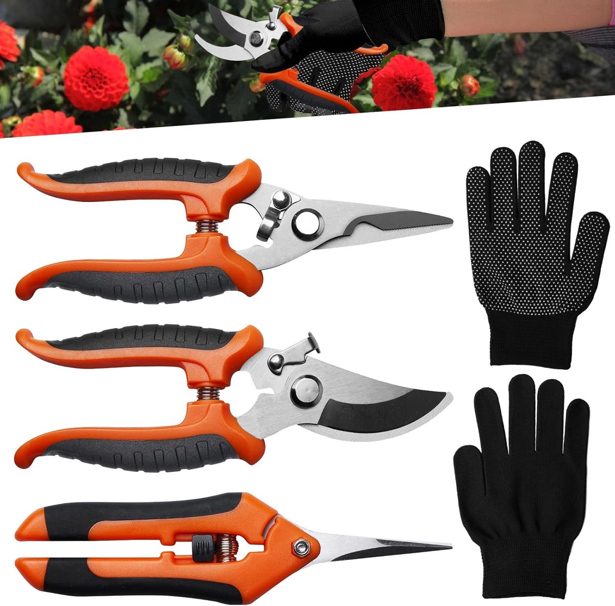 SnelShoppen - Bypass Tuinschaar Set: 3-delige Professionele Tuinschaar Set met Tuinhandschoenen, Scherpe Rozen Scharen, RVS Tuinscharen voor Planten,