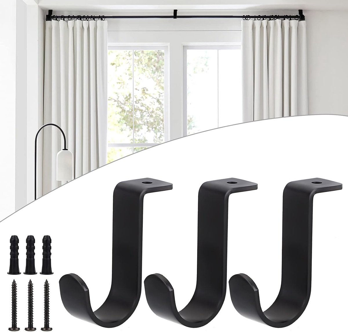 SnelShoppen - 3 Stuks Metalen Plafond Bevestigingssteunen voor Gordijnroede 25mm - Duurzame Gordijnroede Houder - Zwart - Perfect voor Woonkamer, Slaa