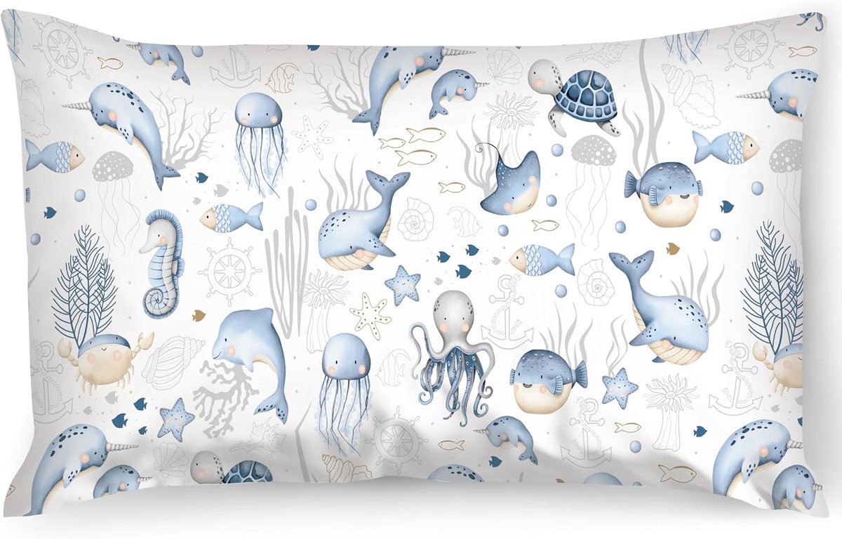 SnelShoppen - Kinder Kussenhoes 35x40cm - 100% Katoen - Dubbelzijdig - Zee Dieren Motief - Veilig en Gezellig voor Kinderen
