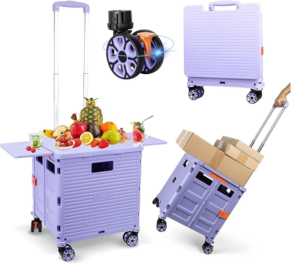 SnelShoppen - Felicon Inklapbare Rolkar met Magnetisch Schuifdeksel, Telecopische Handgreep, 360° Zwenkwielen, Draagbare Rolkrat voor Winkelen, Verhui