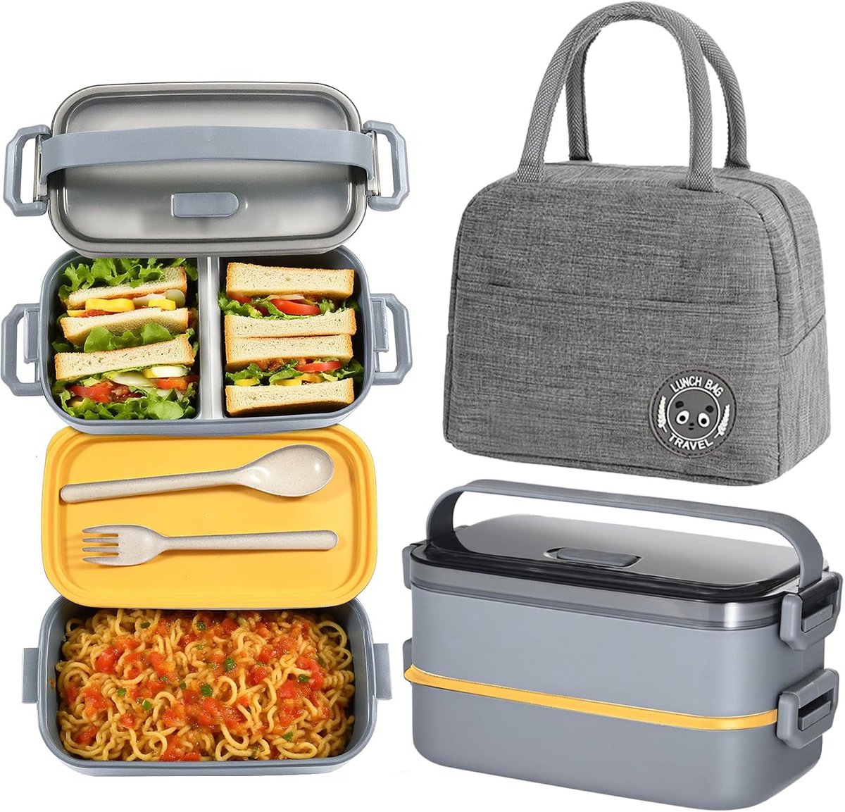 SnelShoppen - Bento Lunch Box 1600 ml met Koeltas, 2 Lagen, Luchtdichte Lunchbox voor School, Werk, Picknick, Snacks, Magnetron, Grijs