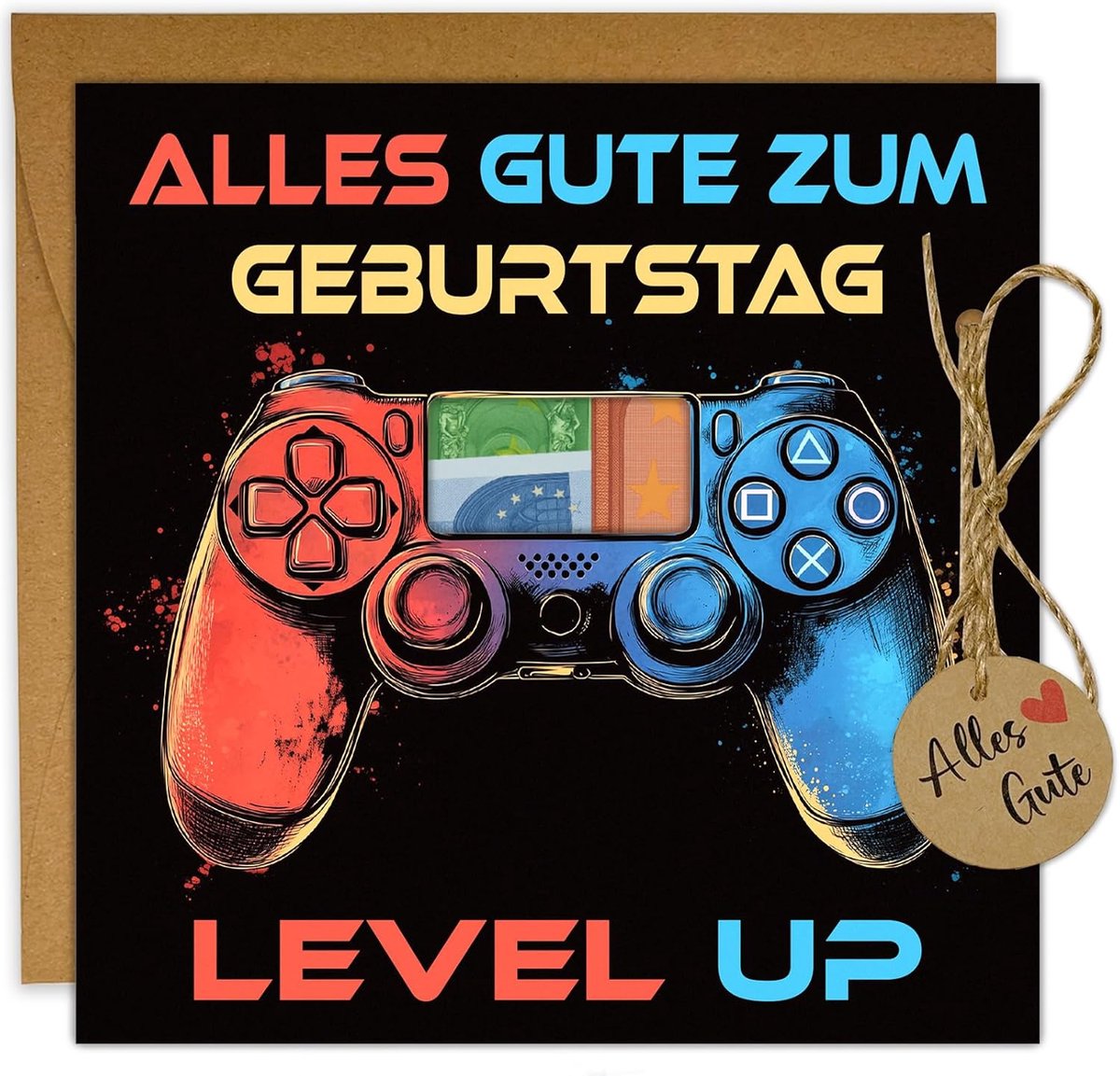 SnelShoppen - Geldcadeau Verjaardag Gamepad Design - Wenskaart met Envelop voor Gamers - Cool Cadeau voor Tienerjongens en Meisjes - Perfect voor Gami