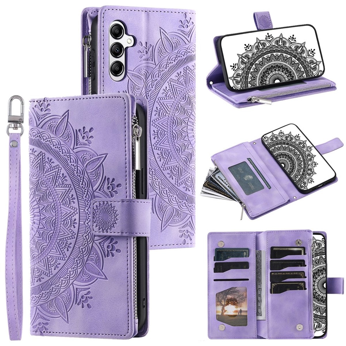 Telefoonhoesje geschikt voor Samsung Galaxy A27 5G - Portemonnee met rits - book-case hoesje - ruimte voor 8 pasjes - mandala paars