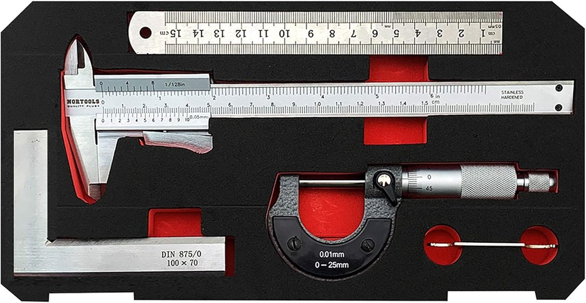 SnelShoppen - Vernier Remklauw + Metalen Liniaal, 4PCS Multi Tool Micrometer / Rechte Hoek Vierkant Liniaal voor Nauwkeurig Meten Buiten/ Binnen/ Diep