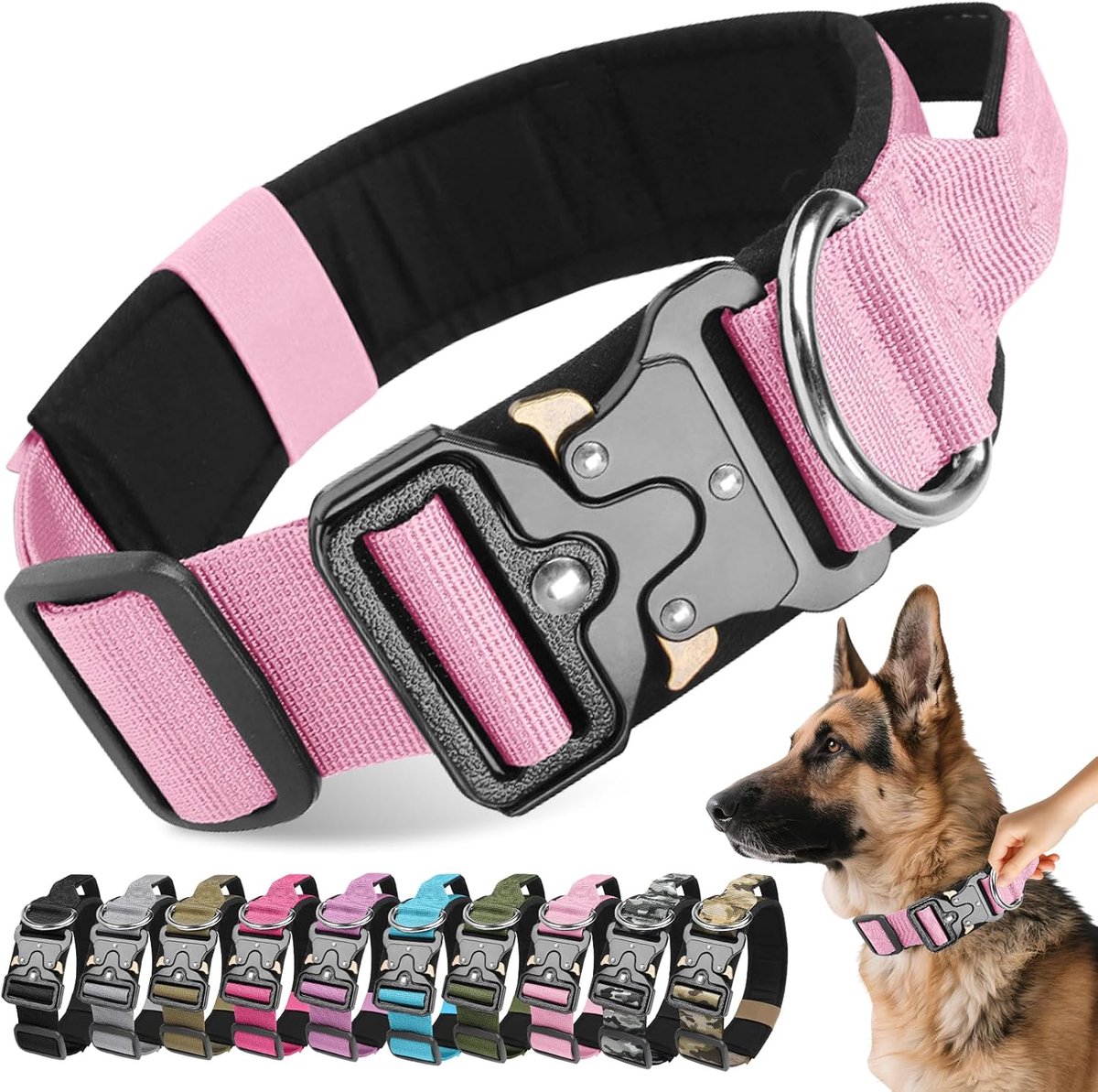 SnelShoppen - Verstelbare Nylon Hondenhalsband, Tactische Dog Collar met Metaalgesp, Duurzaam en Comfortabel Trainingshalsband voor Alle Honden (Roze,