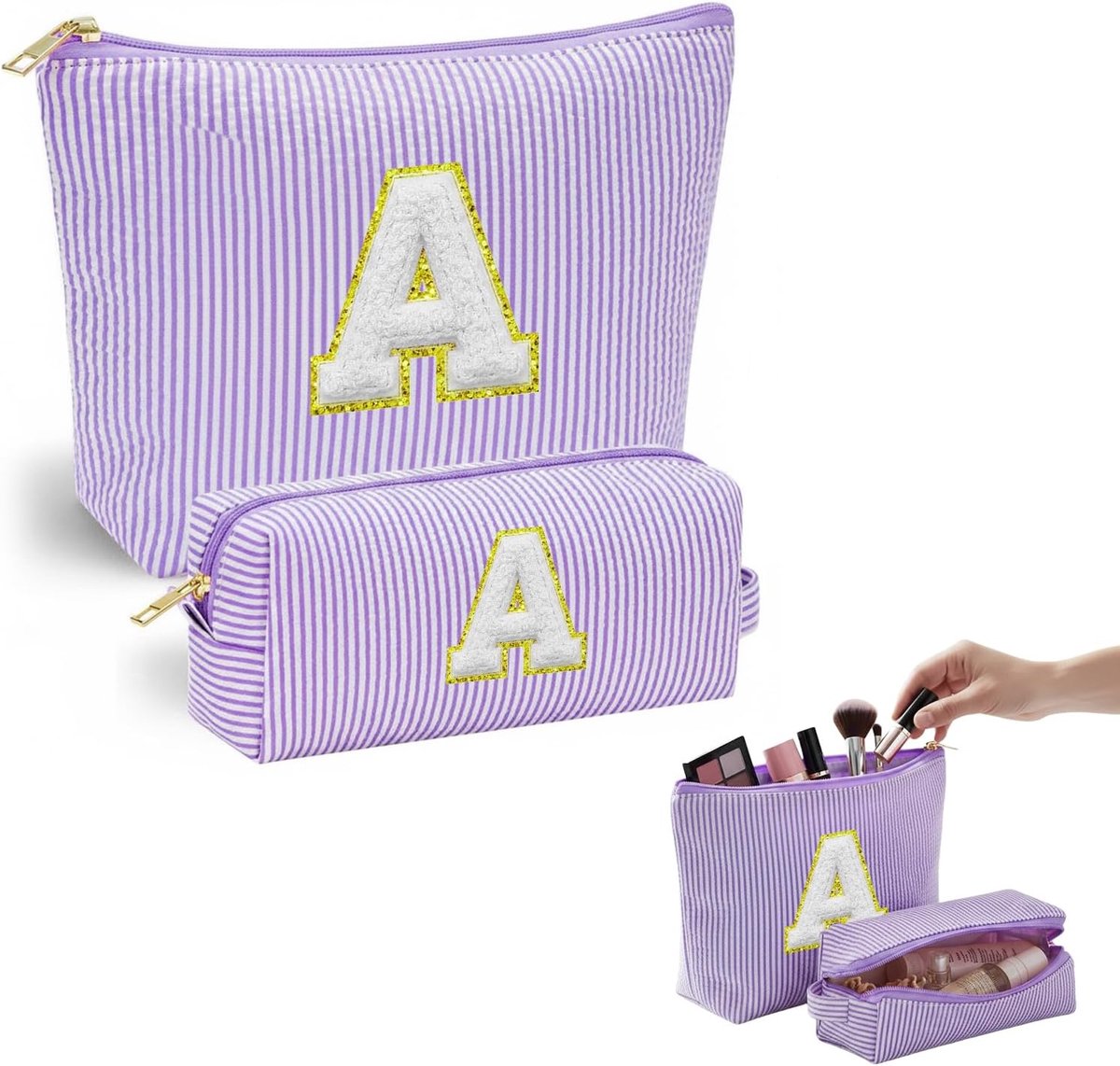 SnelShoppen - Gepersonaliseerde Make-up Tas - Ruime Cosmetic Bags voor Vrouwen met Initialen A-Z, 2-Pack - Draagbare Toilettas, Ideaal Verjaardagscade
