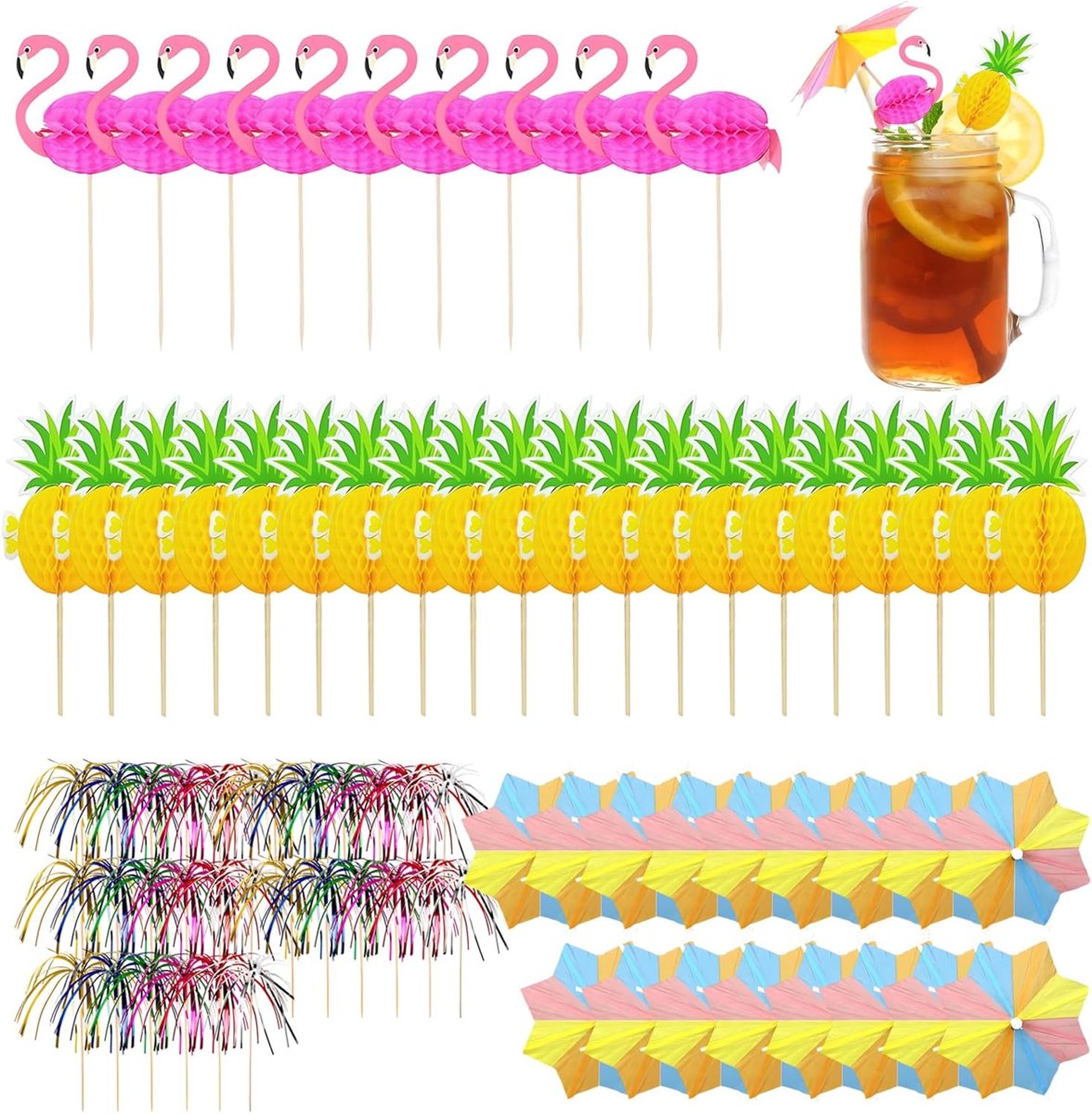 SnelShoppen - Cocktail Pick Set 80-delig - Flamingo, Ananas, Papieren Parapluutjes, Vuurwerk Picks - Perfect voor Feestjes, Bruiloften en Tuin - Kleur