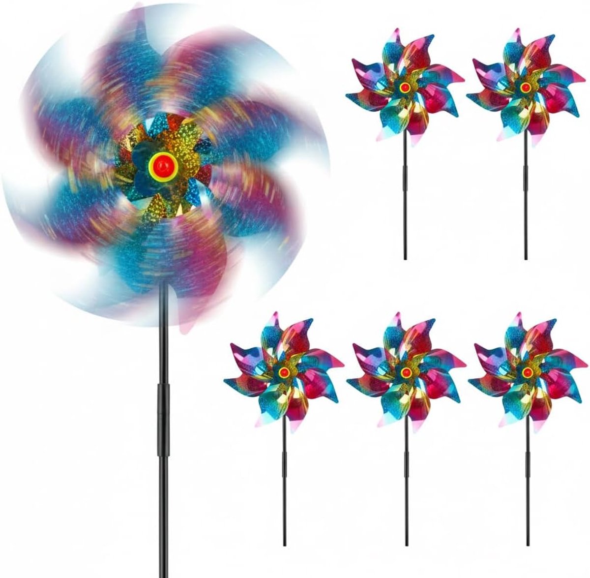 SnelShoppen - Reflective Windmill Set van 6, 53 cm Hoge Windmolens voor Vogels, Tuinbescherming, Balkon, Groentetuinen, Boerderijen, Kleur: Regenboog