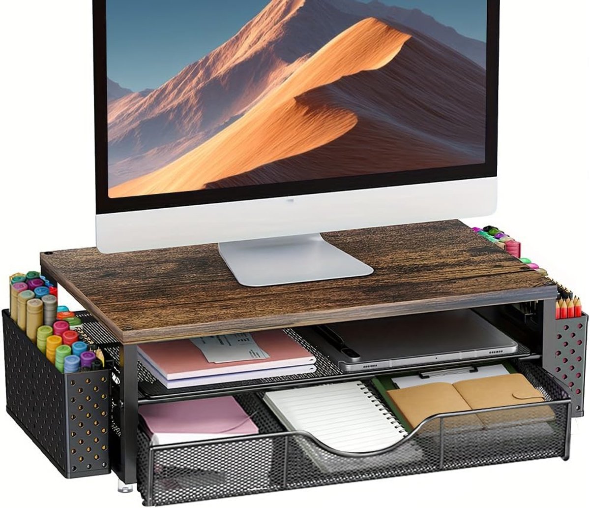SnelShoppen - Desk Monitor Holder met 2 Penhouders, Ergonomische Monitorverhoger, Bureau Organizer, Bruin, Perfect voor Laptop en Kantooraccessoires