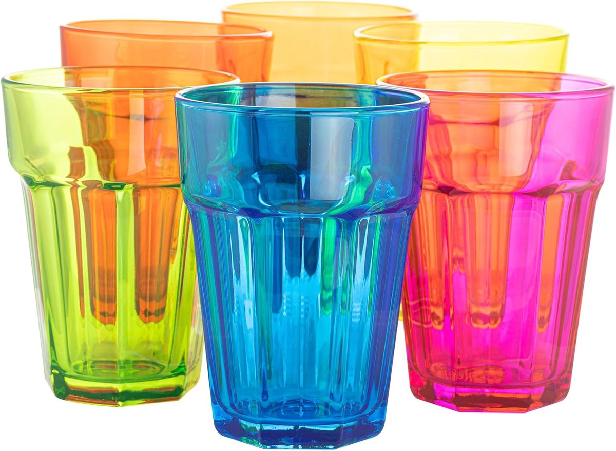 SnelShoppen - Waterglazen Set van 6, Kleurige Cocktail Glazen 425 ml, Grote Smoothie & Mojito Glazen, Vivid Rainbow voor Feest, Tuin, Keuken