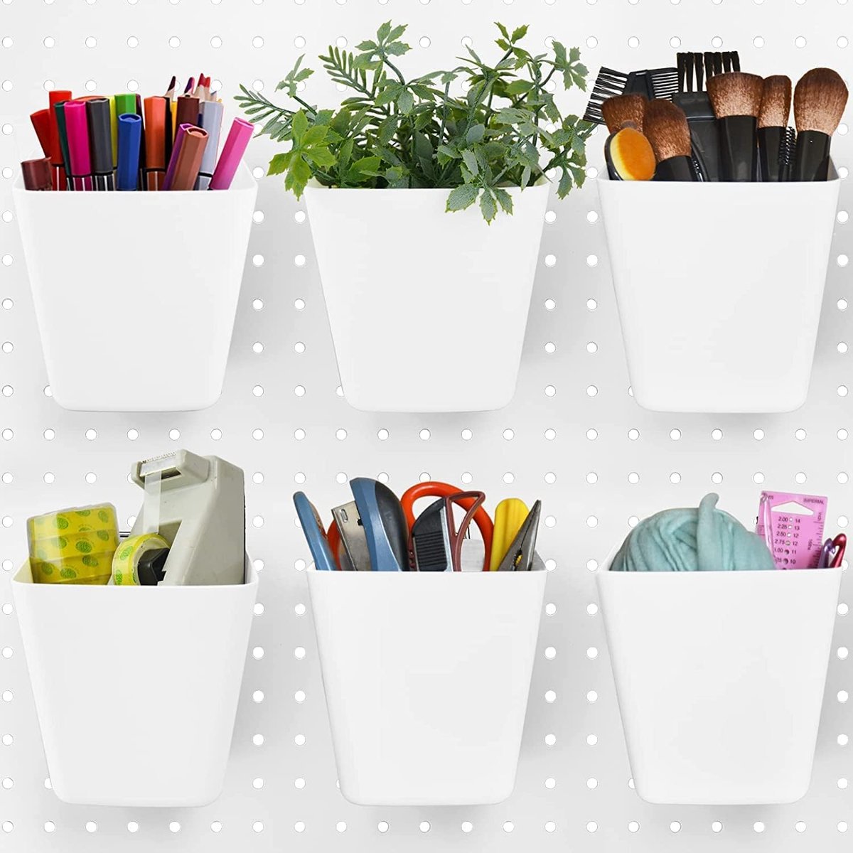 SnelShoppen - 6x Grote Pegboard Cups met Haken - Opbergdozen voor Pegboard - 1/4 inch & 1/8 inch - Kunststof Wandorganizer voor Werkbank, Knutselkamer