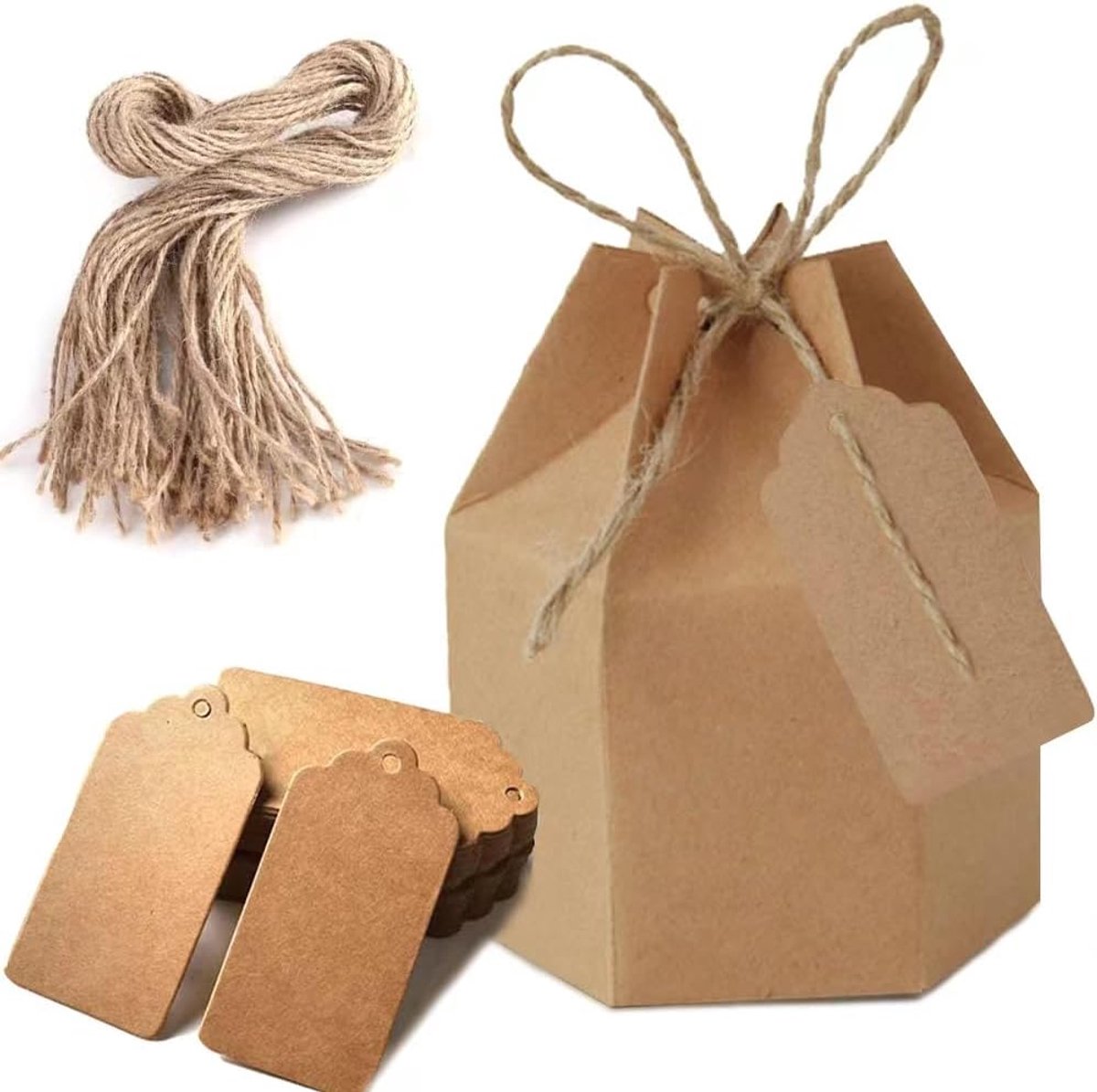 SnelShoppen - Pack van 50 Kraft Papieren Cadeauboxen met Labels en Jute Touw, Perfect voor Feesten, Verjaardagen, Bruiloften en Meer