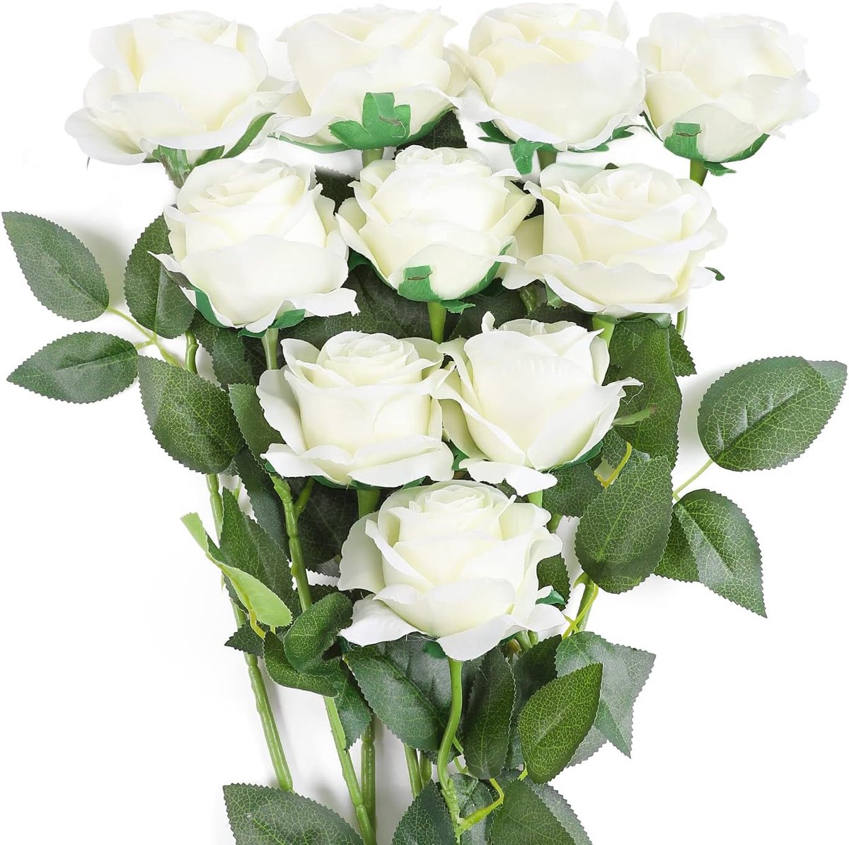 SnelShoppen - 10 Stuks Zijde Kunstmatige Rozen Bruidsboeket Witte Bloemen voor Tuin, Verjaardag, Thuis, Trouwerij Decoratie