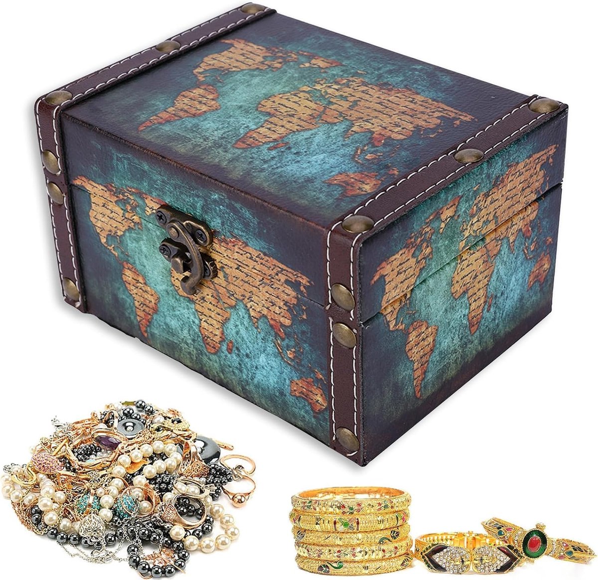 SnelShoppen - Piraten Schatkist, Kleine Houten Decoratieve Doos, Bewaarbox voor Sieraden, Retro Houten Kist voor Kinderen, Creatieve Opbergdoos voor F