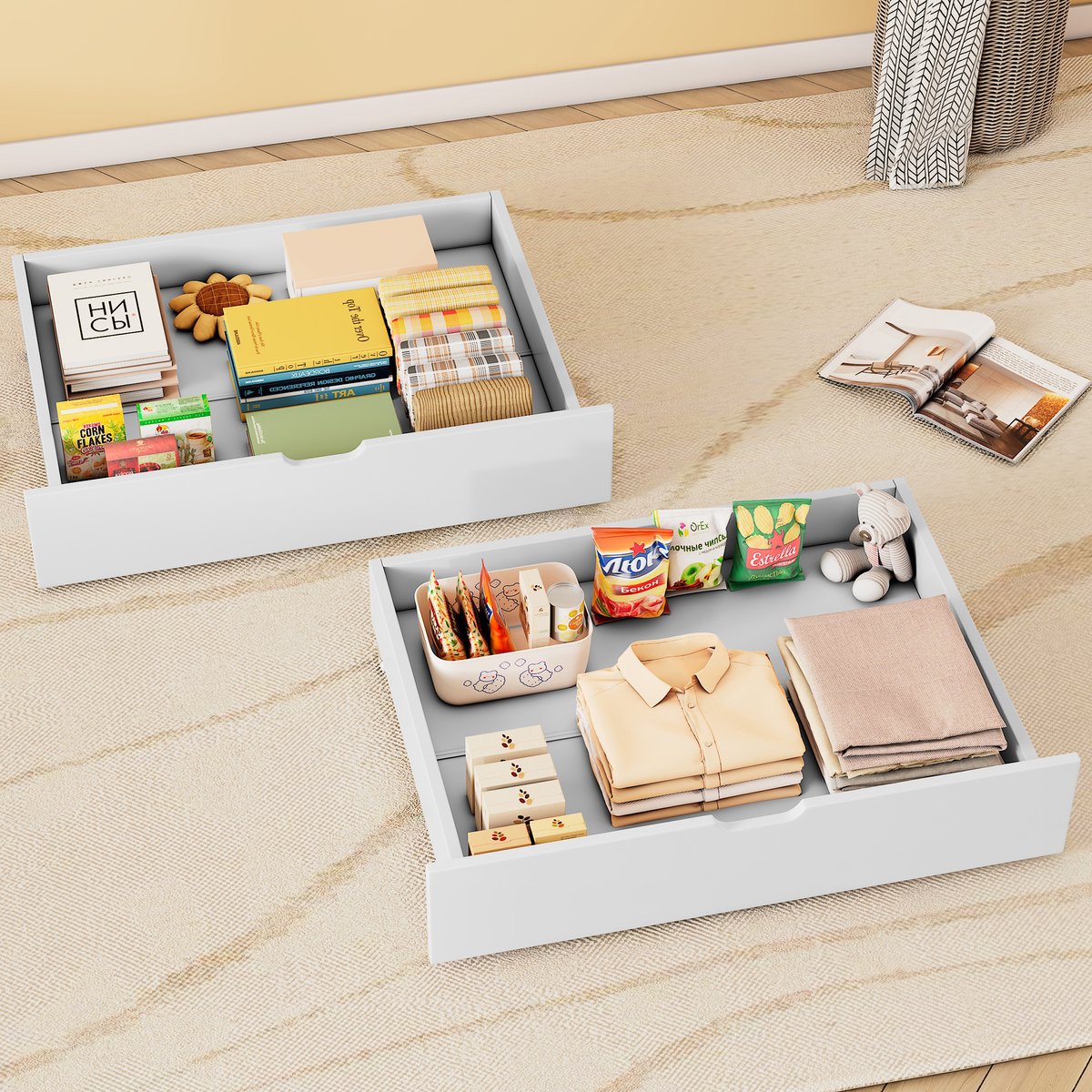 MIVRAY Bedlade Met 2 Lades 93 X 66,5 X 20 Cm Vezelplaat Wit Voor Onder Bed Opbergruimte Met Wielen Voor Kleding En Dagelijkse Spullen