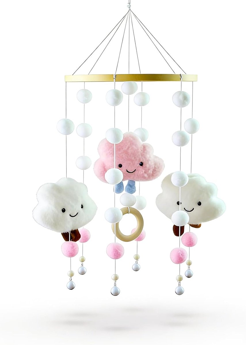 SnelShoppen - Hangende 3D Wolken Mobiel met Viltballen, Scandinavische Decoratie voor Kinderen, Lichtgewicht Bamboe Ring, Roze, Duurzaam en Veilig