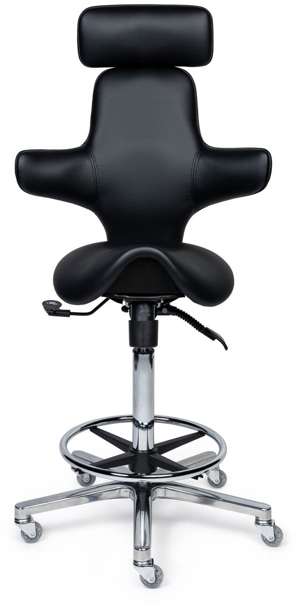 Ergonomische Zadelstoel Luxe Zwart op Wielen Hoge uitvoering (70-84cm) / Met voetensteun / Standaard wielen