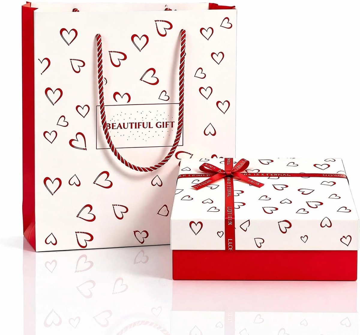 SnelShoppen - Rood-witte Hartjesgeschenkdoos 20x18x8 cm met Deksel en Goudreliëf, Perfect voor Verjaardagen, Bruiloften, Feestdagen, Inclusief Geschen