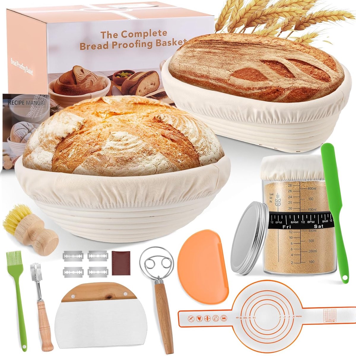 SnelShoppen - Sourdough set 21-delige met 2 rijsmanden en starterglas, compleet bakaccessoires voor zuurdesembrood, ideaal voor beginners en professio