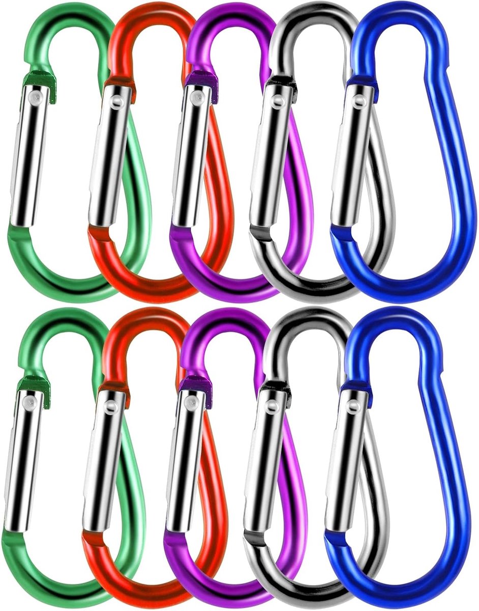 SnelShoppen - Carabiner Haak Klein Kleurrijke Aluminium Snap Hook voor Kamperen, Reizen, Wandelen en Rugzakriem - 10 Stuks in Rood, Groen, Zilver, Bla