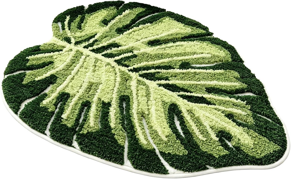SnelShoppen - Badmat Monstera Bladvorm Groen 50 x 80 cm, Zachte en Absorberende Douchemant, Antislip Badkamer Mat met TPR Onderkant, Machinewasbaar