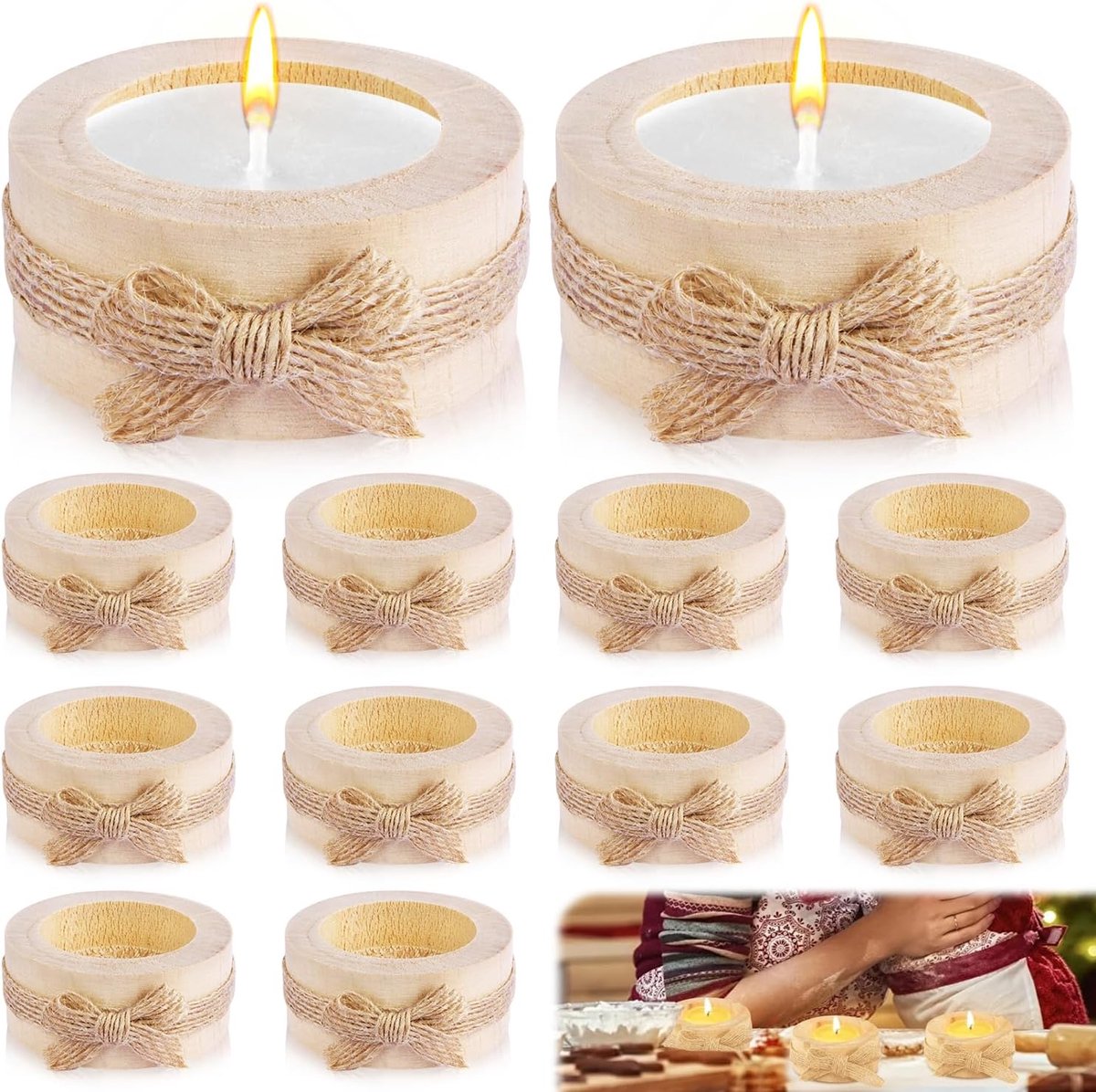 SnelShoppen - Houten Kaarsenhouder 12 Stuks, Natuurlijke Hout, 5.8 x 2.5 cm, Rustieke Kaarsenhouder voor Theelichten, Non-Toxisch, Perfect voor Hallow