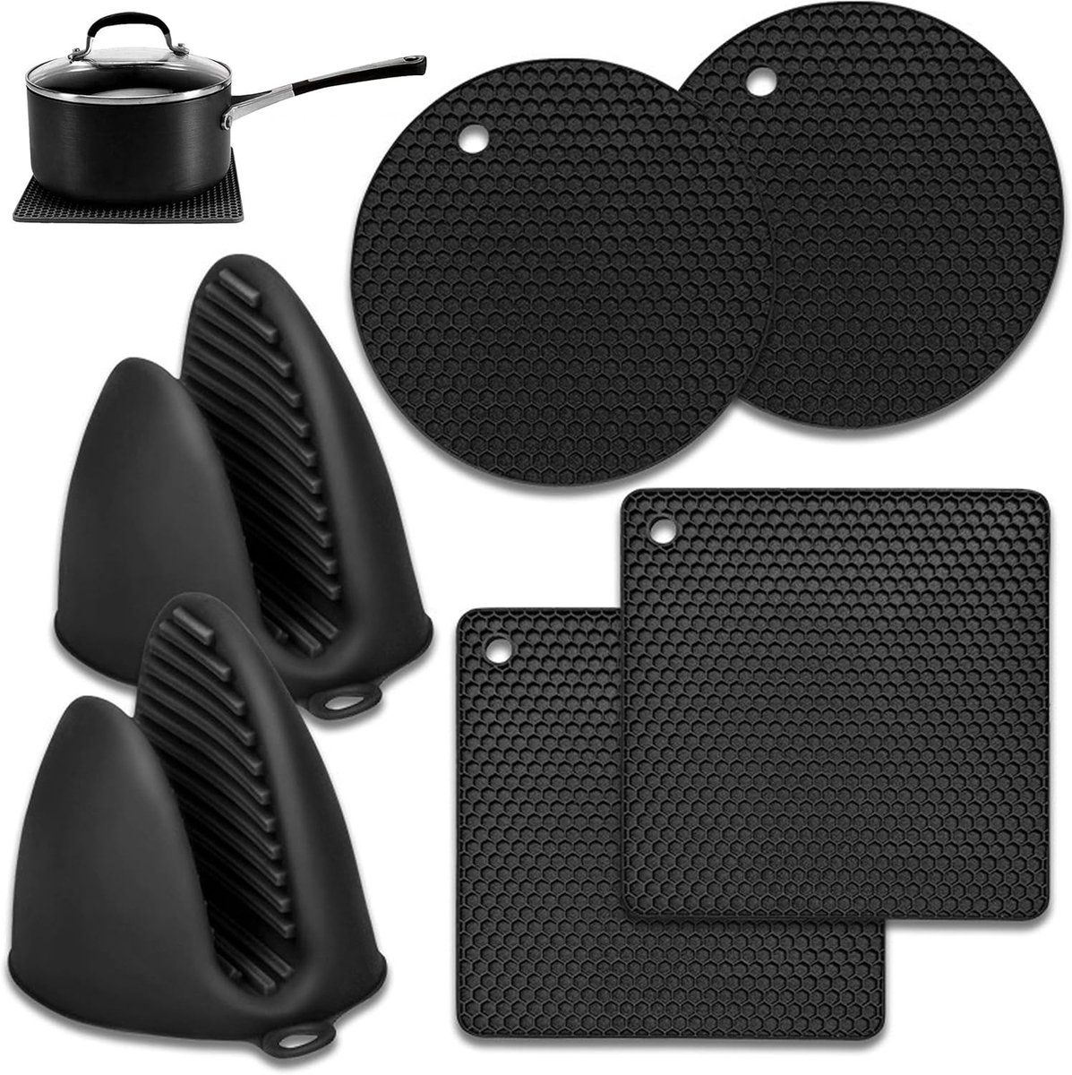 SnelShoppen - 7 Stuks Silicone Pannenhouders Warmtebestendig tot 240°C, Multifunctionele Pot Holders in Zwart, Ideaal voor Keuken en BBQ