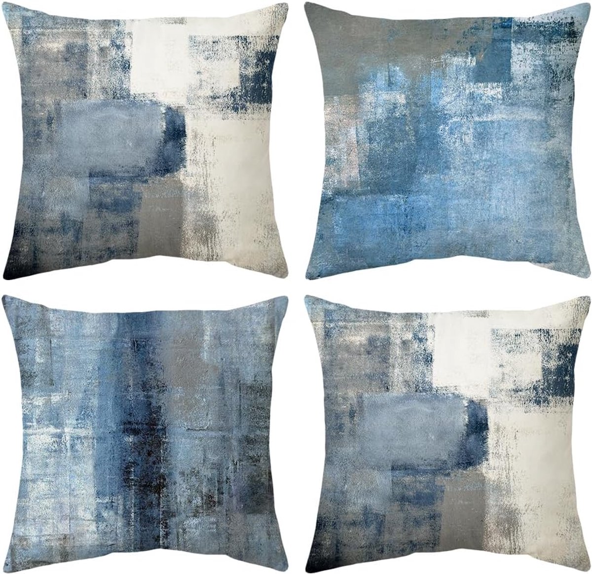 SnelShoppen - Set van 4 Kussenhoezen Blauw 45x45 cm Decoratieve Vierkante Zachte Kussenslopen Dubbelzijdig Geprint Abstracte Kunst Kussenbeschermers v
