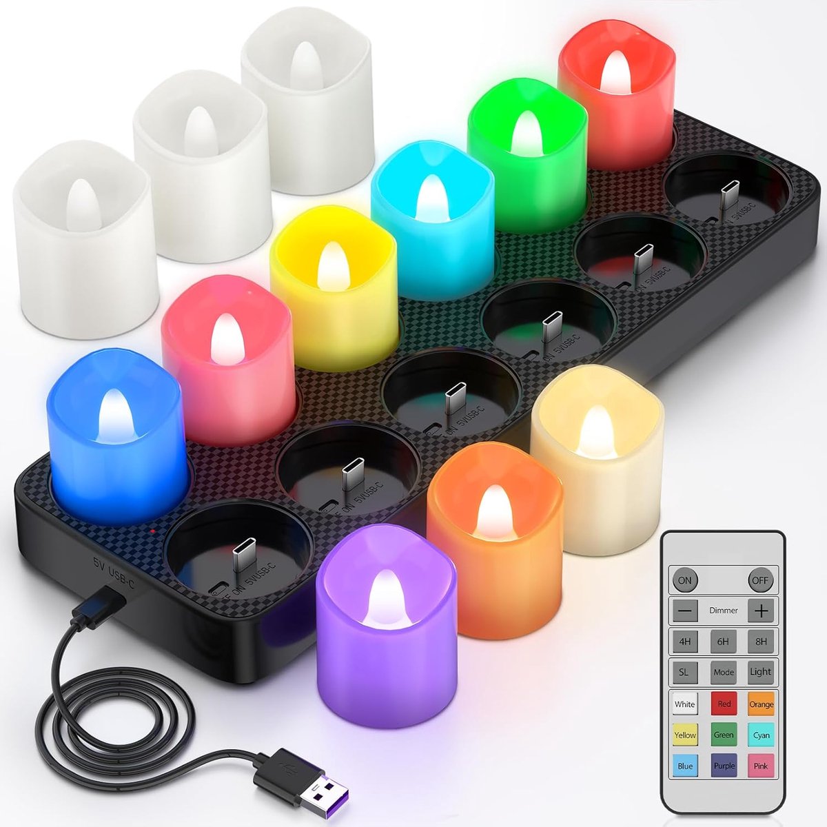SnelShoppen - 12-Pack Oplaadbare Theelichten met Afstandsbediening - RGB LED Flikkerende Kaarsen - Flameless Electric Kaarsen voor Feesten, Halloween,