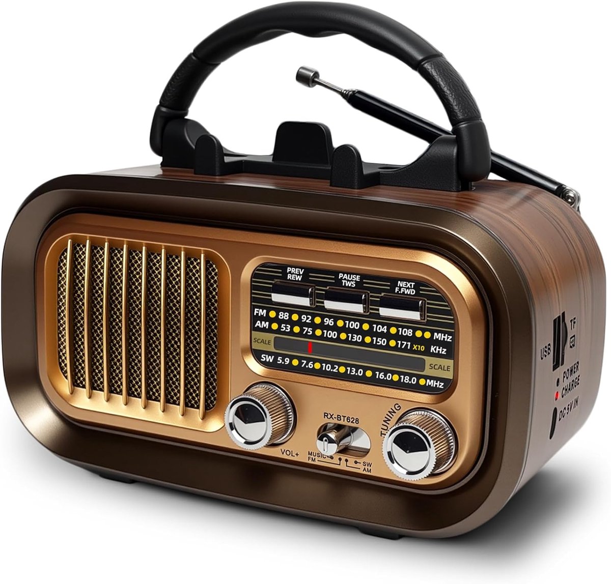 SnelShoppen - Draagbare Retro Radio AM/FM/Kortegolf met Bluetooth, 1200mAh Oplaadbare Batterij, Compact en Lichtgewicht voor Camping, Wandelen en Thui