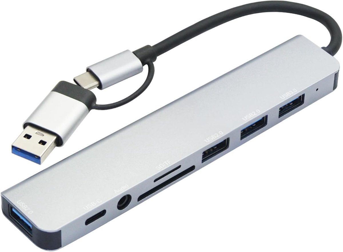 SnelShoppen - USB C Hub 8-in-1 - Multi Port Extender USB 3.0 - 3x USB 2.0 - SD Card - TF Card Reader - Audio Jack - Geschikt voor MacBook Air/Pro, Typ