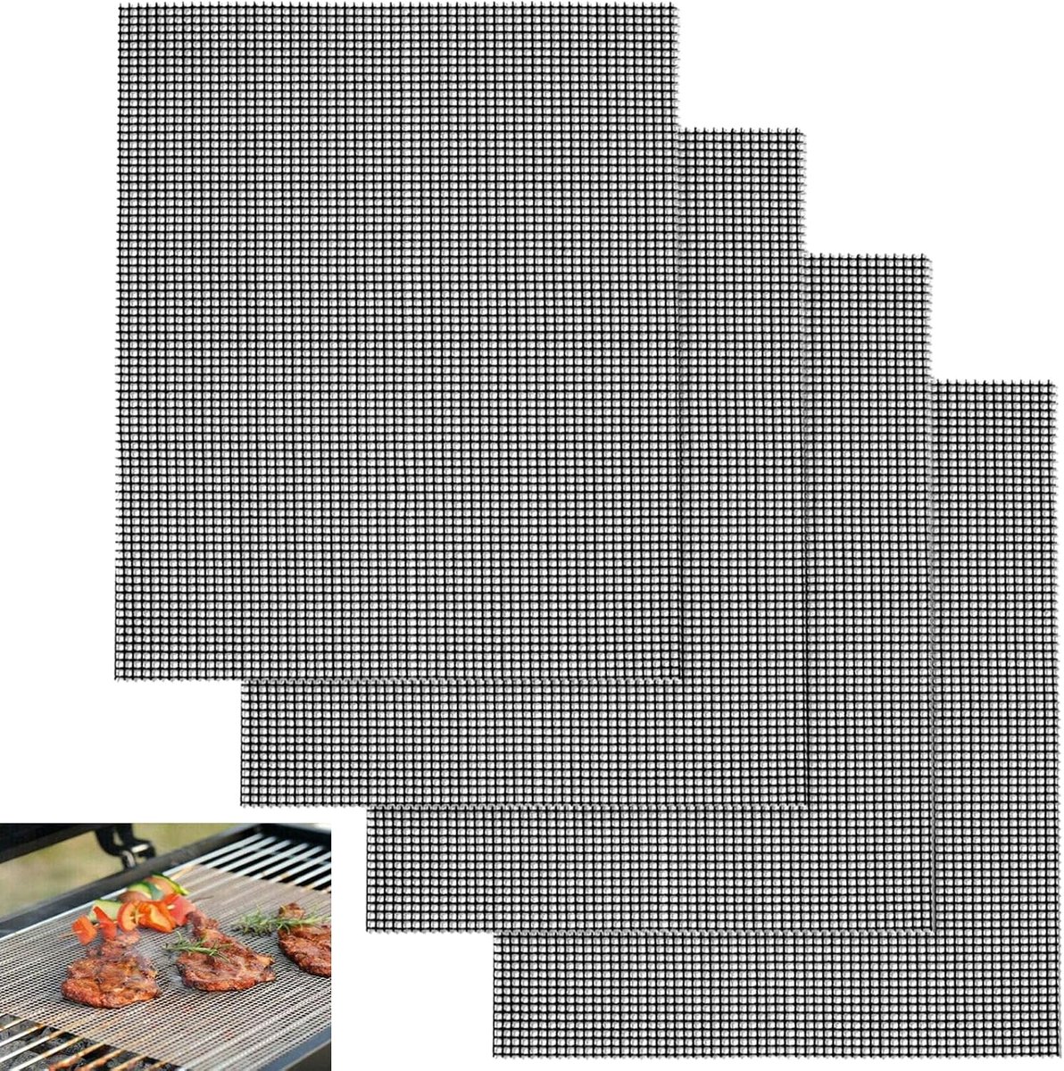 SnelShoppen - Grillmatten 40 x 30 cm, 4 stuks hittebestendige anti-aanbak grillroosters voor gas- en elektrische grill, BPA-vrij en flexibel glasvezel