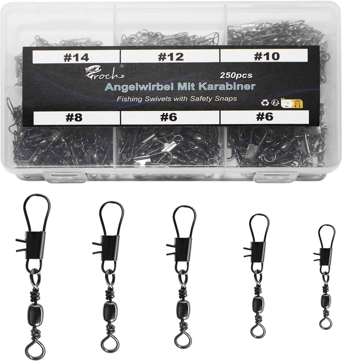 SnelShoppen - Croch Rod Bearings - Rvs Verstevigen met Carabiner voor Zoet- en Zoutwater Vissen - 250 Stuks in 5 Maten - Ideaal voor Forel, Karper, Sn