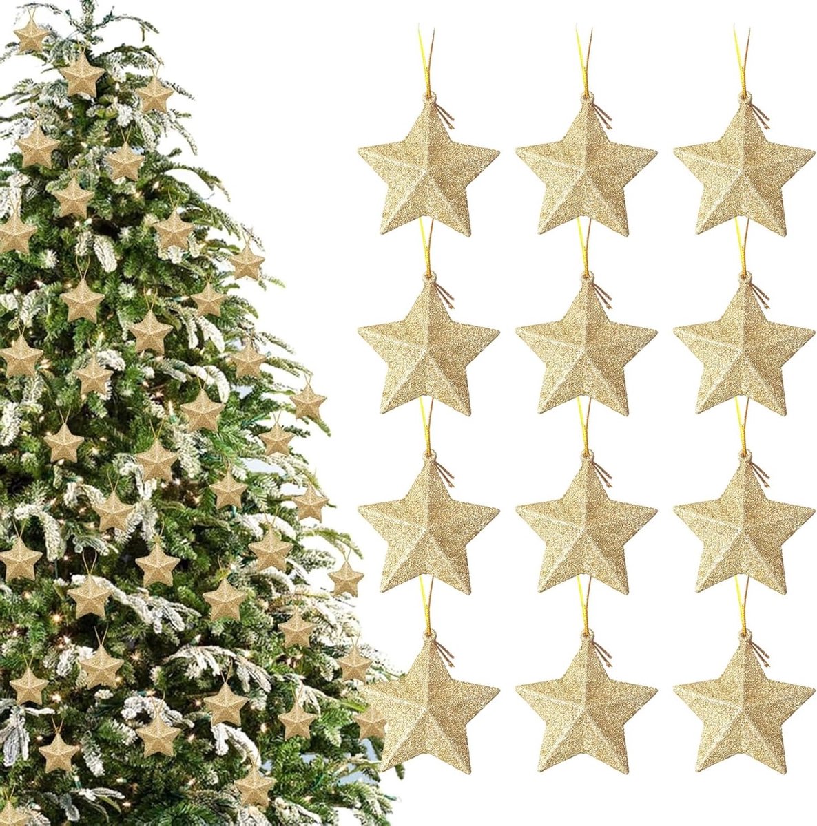 Set van 12 Sprankelende Ster Hangdecoraties voor Kerstmis, 7,5 cm, Gouden Glitter, Schokbestendig en Perfect voor Boom, Haard en Tafelversiering