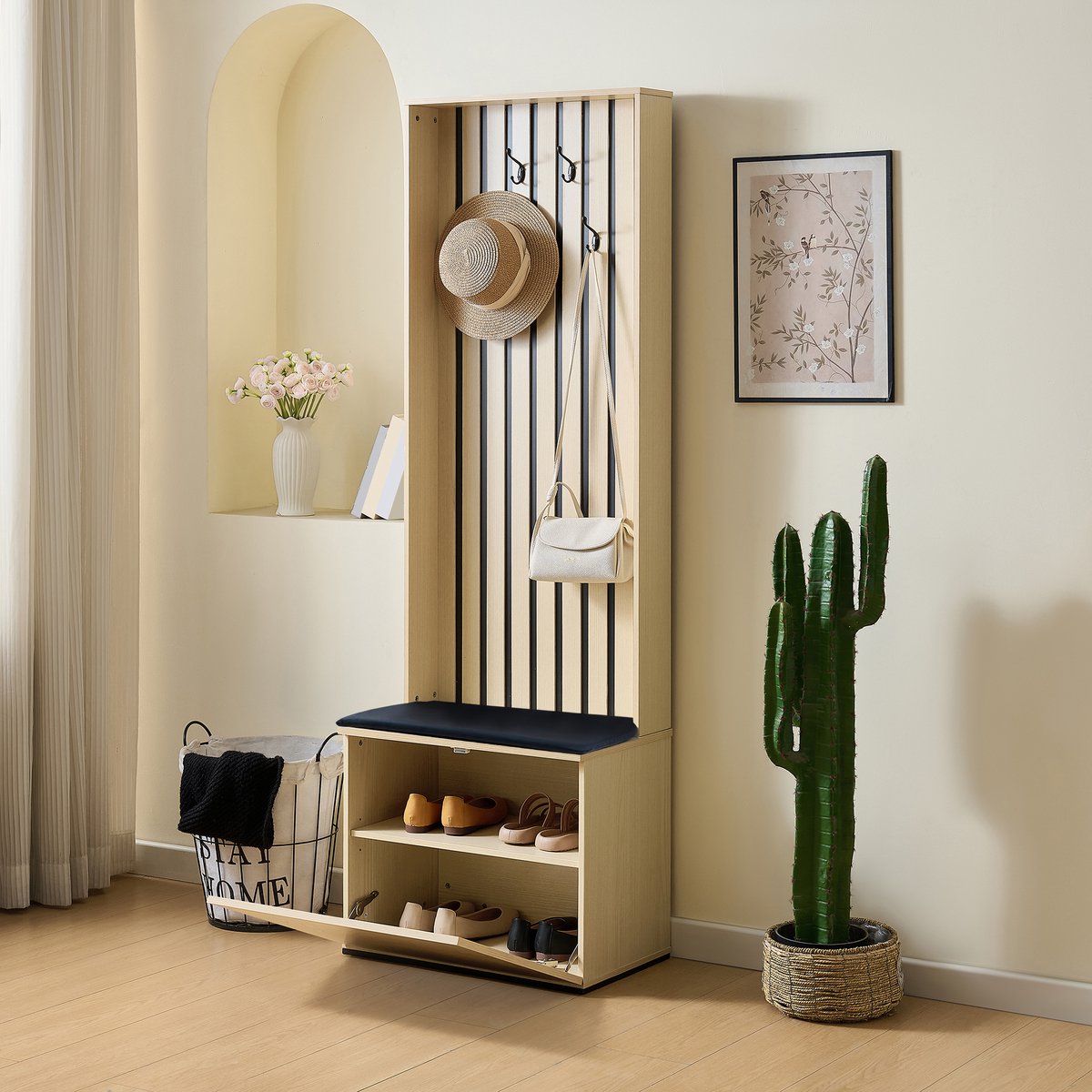 STILVORA Kledingrek - Halorganizer Met Zitbank En Schoenenopslag - 4 Haken Voor Hal En Slaapkamer - MDF - Houtkleur - 61x35x179,5 Cm