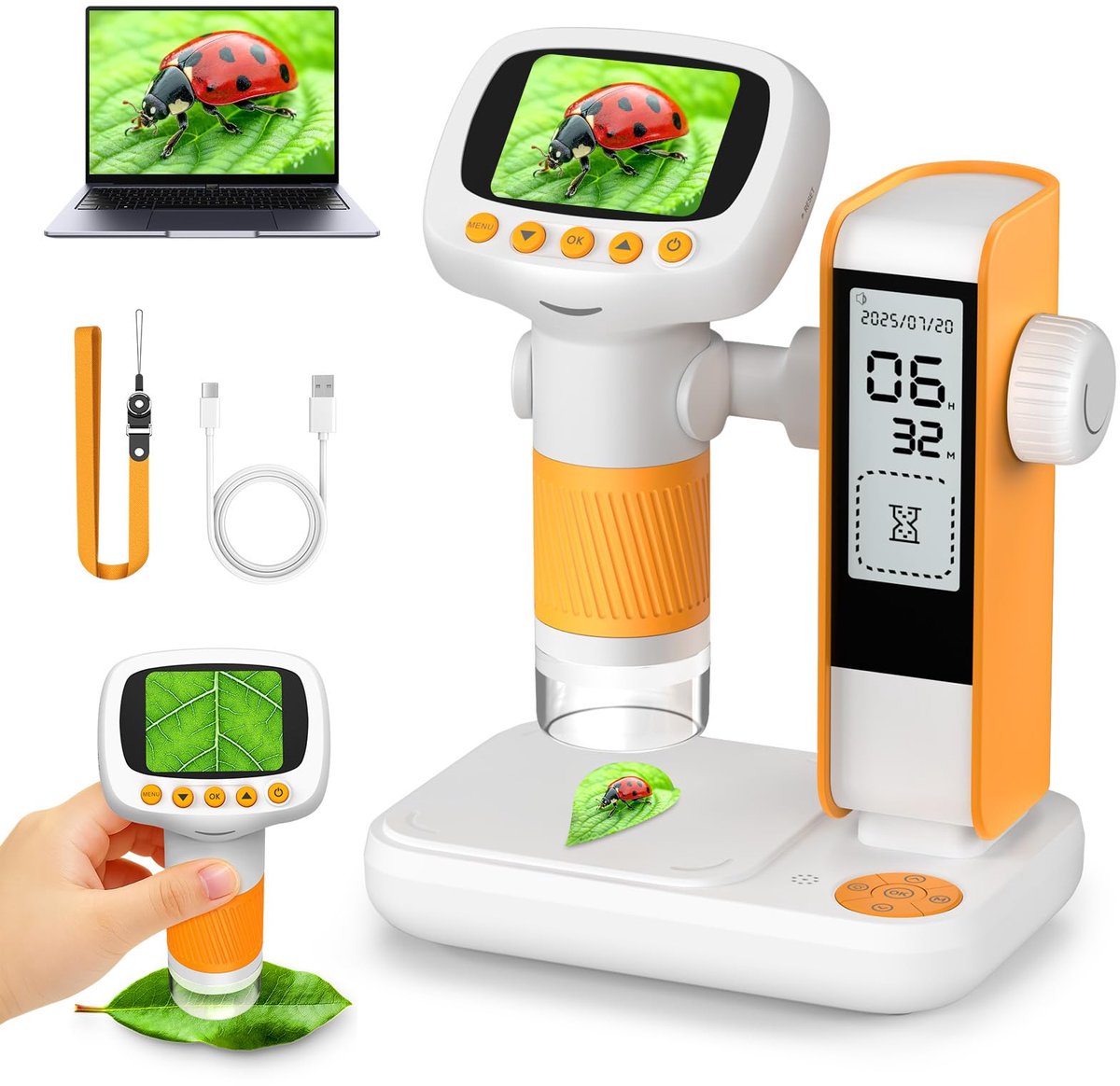 QTTVBTNA -Microscoop - Kindermicroscoop - Digitale Microscoop - Geel, 1000x vergroting, 2 inch IPS-scherm - 5MP foto, 1080P video - Met statief, wekker en timer - 4 LED's, USB oplaadbaar - Voor Windows - Cadeau voor kinderen 3-12 jaar