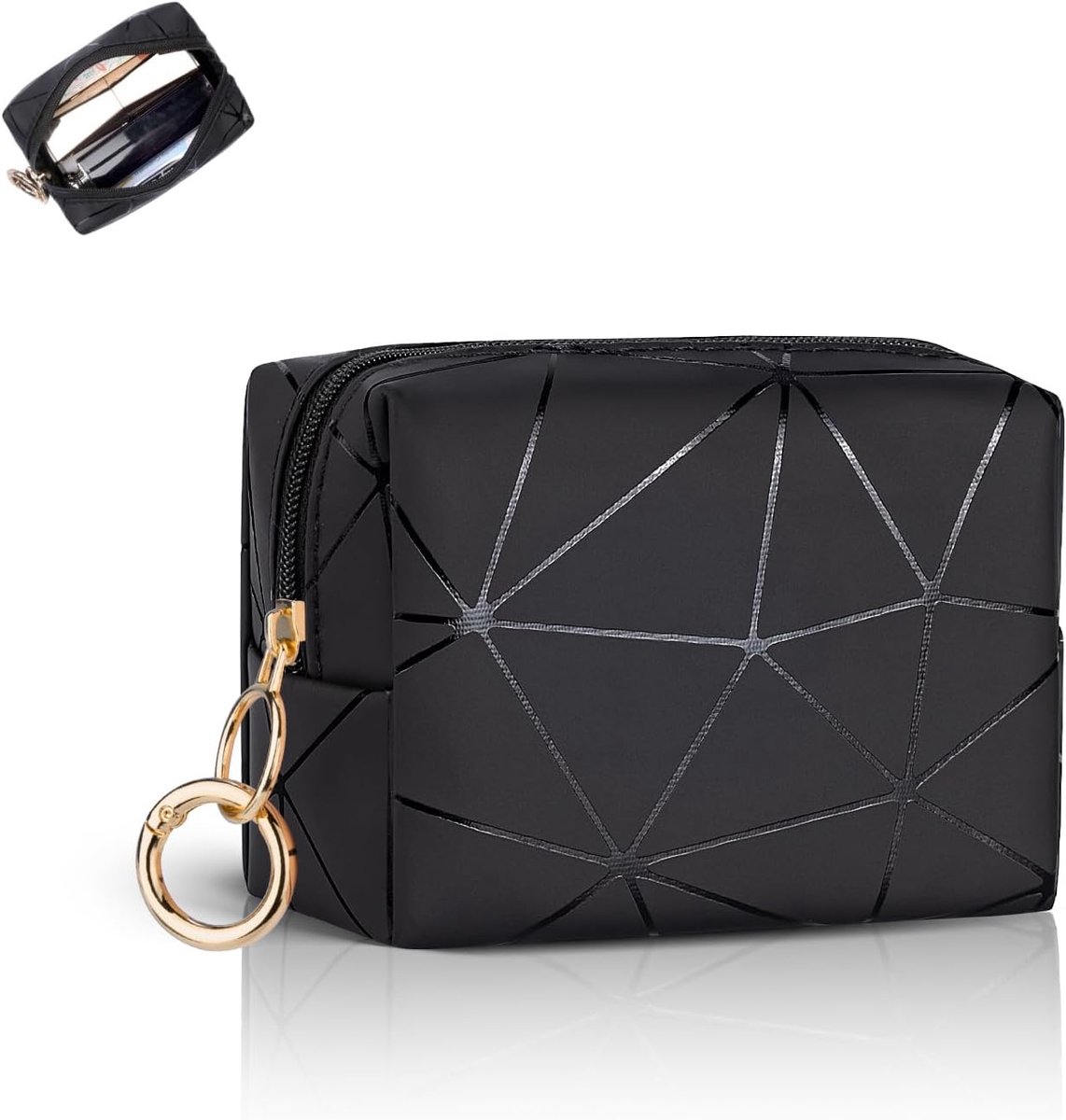 SnelShoppen - Grote Waterdichte PU Cosmetic Bag voor Vrouwen, Mini Make-up Tas in Elegant Zwart, Perfect voor Reizen en Dagelijks Gebruik