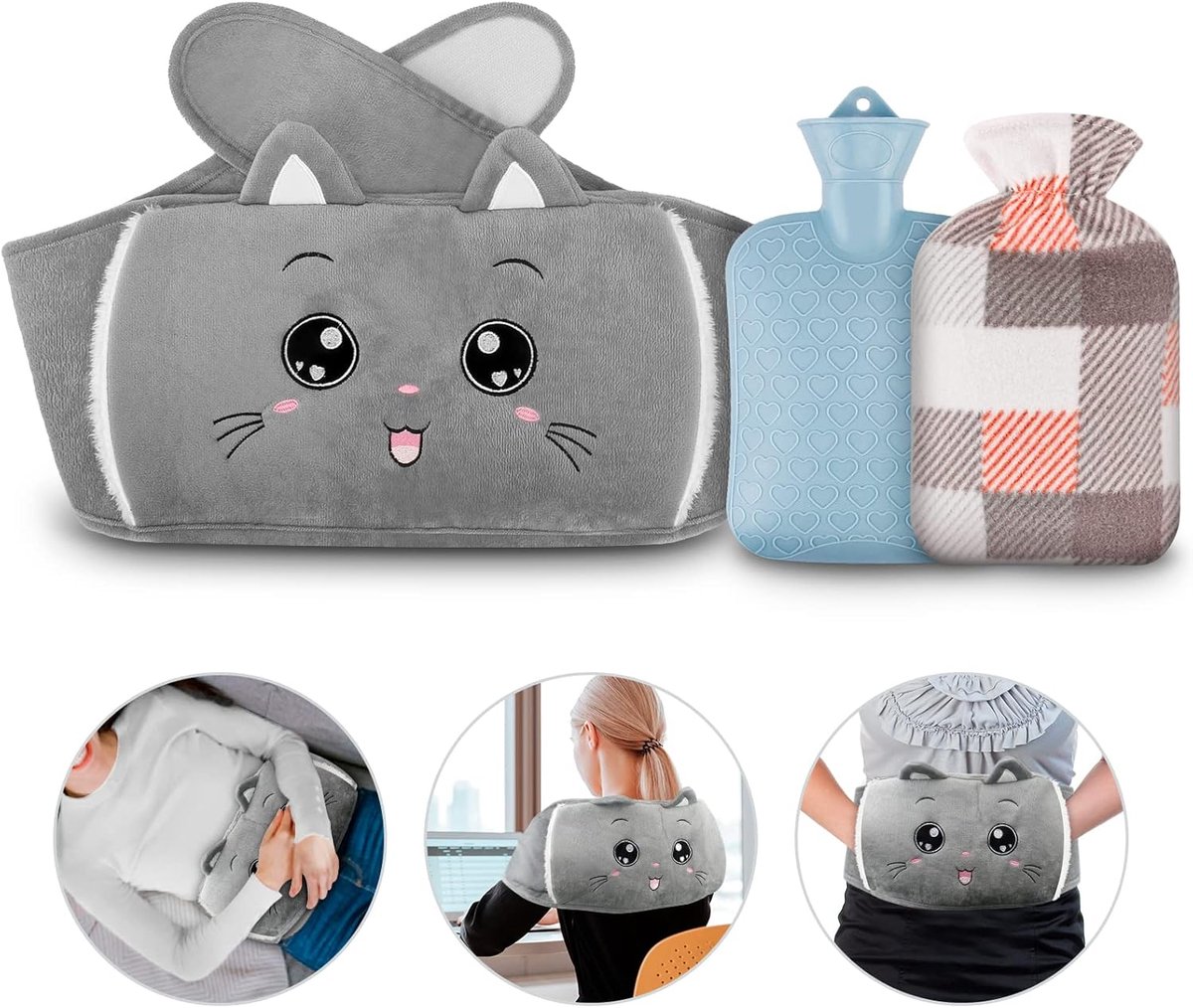 SnelShoppen - Hot Water Bottle 1 Litre Rubber Warmwaterkruik met Cover en Taille Cover, 3 Stuks Set voor Nek, Schouders, Rug, Voeten en Taille - Grijs