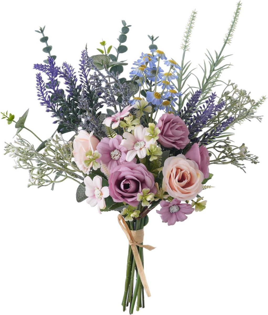SnelShoppen - 38 cm Kunstbloem Boeket met Rozen, Eucalyptus, Gypsophila, Margrieten, Lavendel, Salie en Kamille - Realistische Nepbloemen voor Huisdec