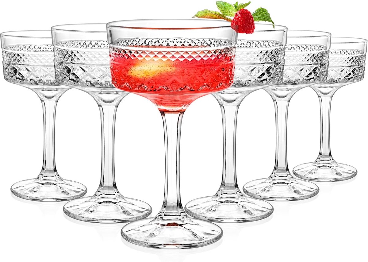 SnelShoppen - 6 Stuks Ribbel Coupe Glazen Set - 10 oz Vintage Cocktail Glazen - Unieke Martini Glazen - Klassieke Cocktail Glaswerk - Perfect voor Wij