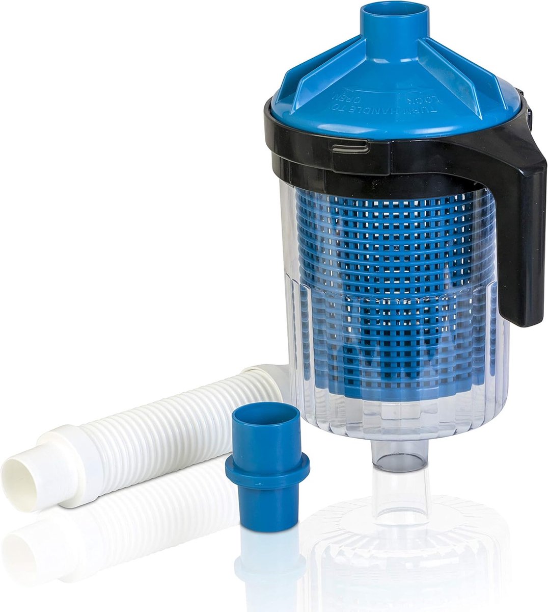 SnelShoppen - Pre-filter voor zwembadstofzuiger 1.7L - Blauw - Optimaliseer je zwembadonderhoud met 70g Aqualoon en draai- en slangverbinding