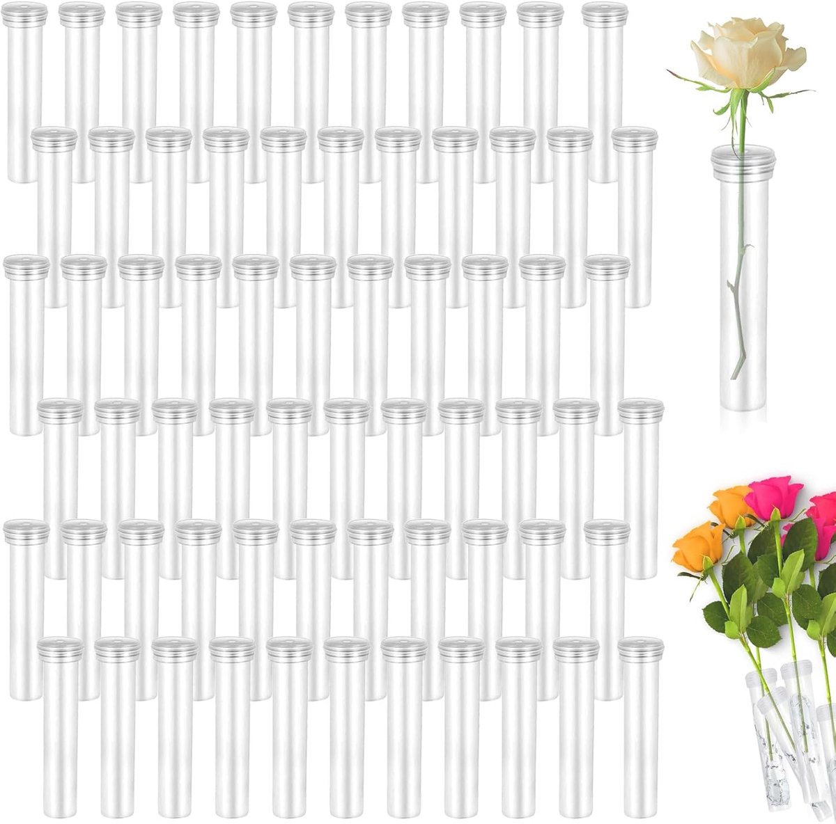 SnelShoppen - 100Pcs Herbruikbare Bloemtubes, Transparante Testbuizen met Deksel, Plastic Bloemenvazen voor Bloemenwinkels, Restaurants, Cafés, en Sla