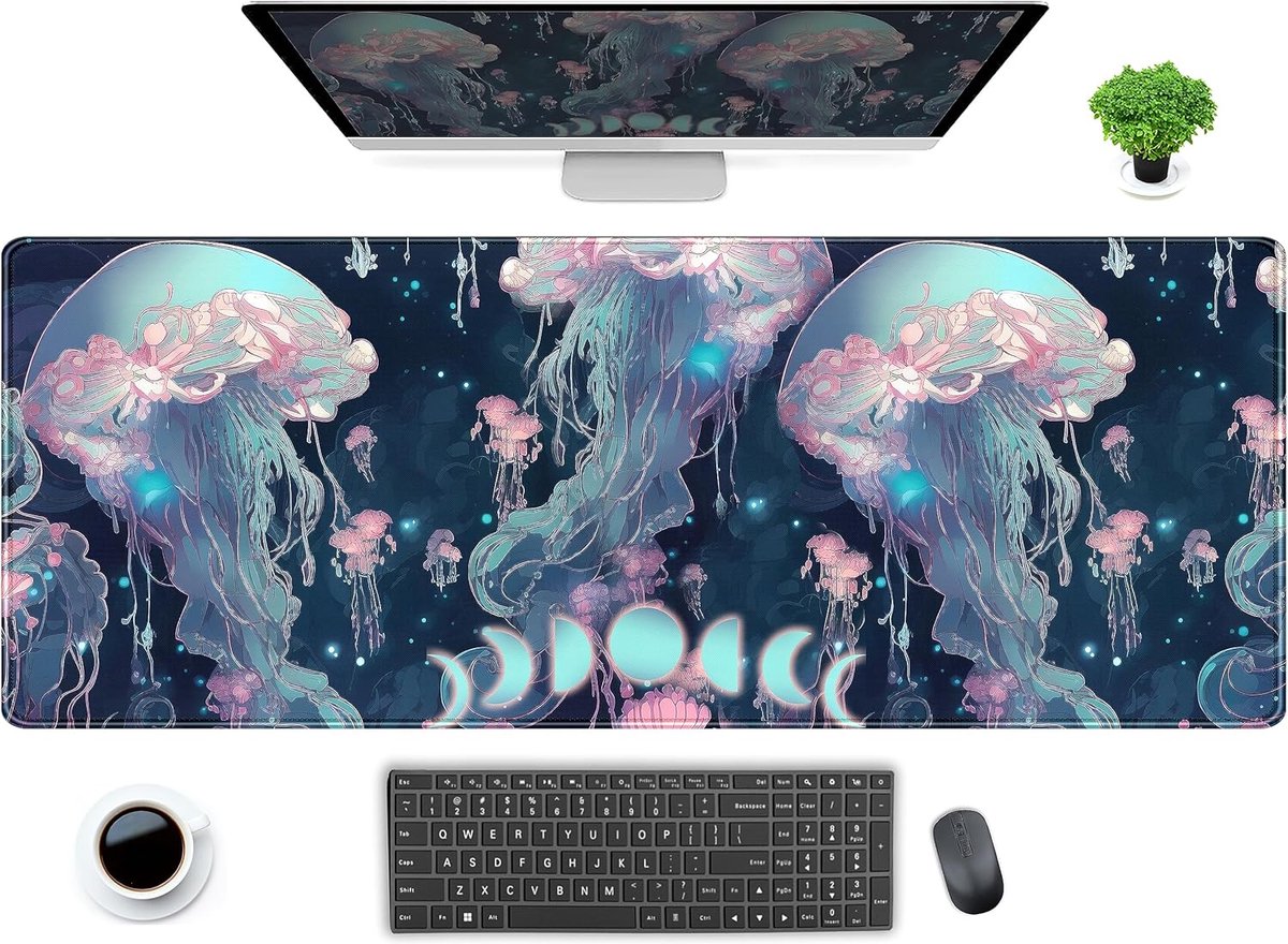 SnelShoppen - Desk Pad Gaming Mat Neon Blauwe Jellyfish XL 80x30 cm - Ocean Moon PC Laptop Muismat - Duurzaam met Gestikte Randen voor Vrouwen