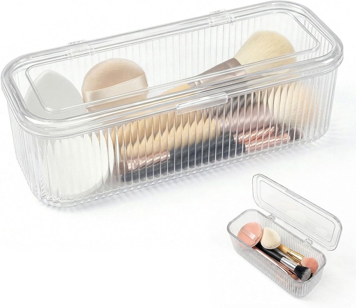 SnelShoppen - Makeup Brush Holder Organiser Transparant met Deksel 25 x 11 x 9.2 cm - Cosmetica Opberging PET Acryl Stofdicht voor Borstels, Sponsen,